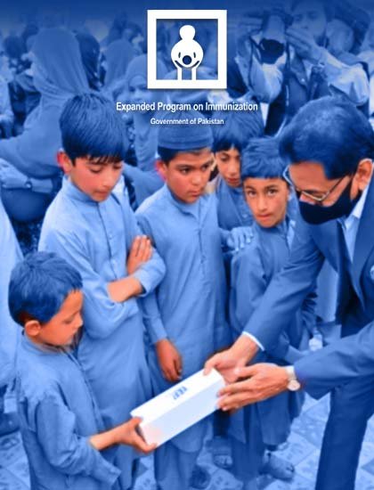 Blue background with EPI's logo in middle top and some school children receiving gift in white box by an adult man.