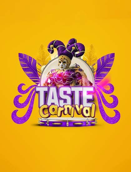 Yellow background with a taste carnival logo and words written in middle with gold and purple colors