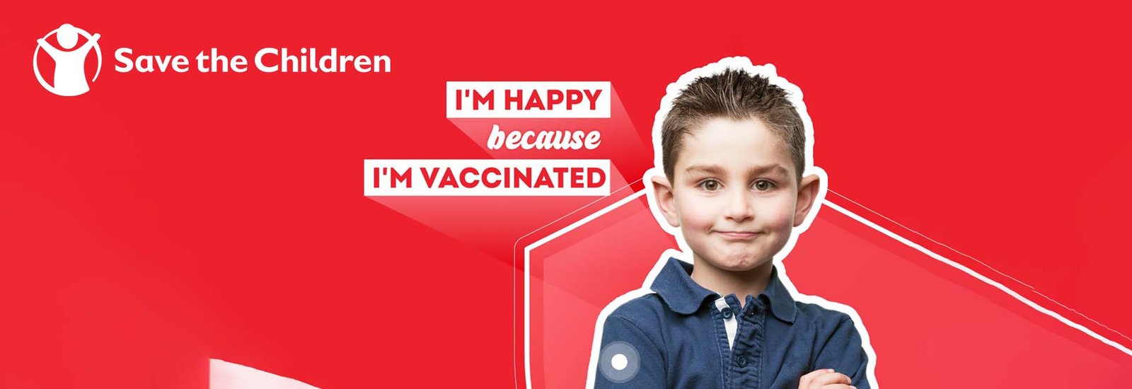 a 7 year old child in blue shirt with red background. "im happy because im vaccinated" written on left.