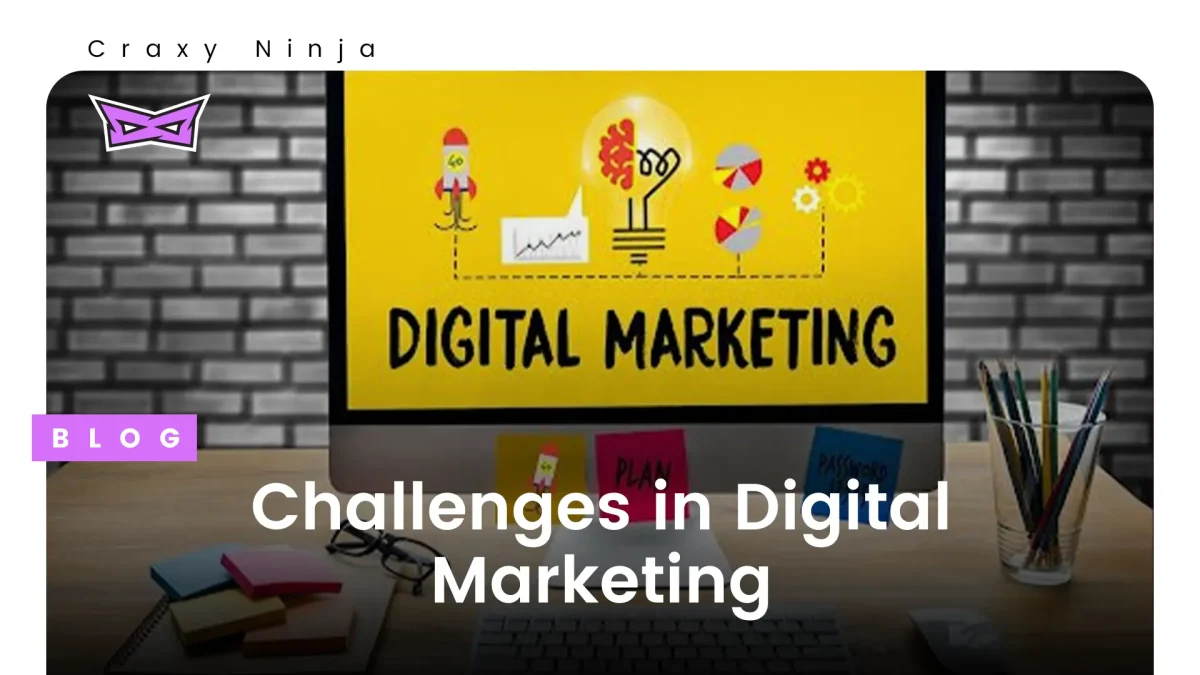 brick style wall in background and an apple mac screen on a desk. inside screen digital marketing with a yellow background is written