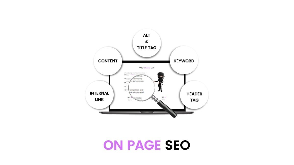 a magnifying glass on a laptop representing multiple aspects of on page seo